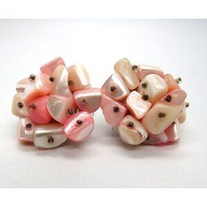 Vintage Shell Earrings Pink Cream Cluster Cha Cha Clip On Made in Japan